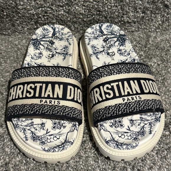 Christian Dior DWAY SLIDE Blue Toile de Jouy Reverse Embroidered Cotton 35.5 - Picture 3 of 5